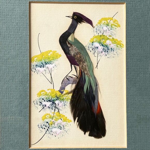 Vintage Mexican Feather Folk Art 3 Exotic Birds Matted Wood Frame 16" x 9.75" - Picture 5 of 10